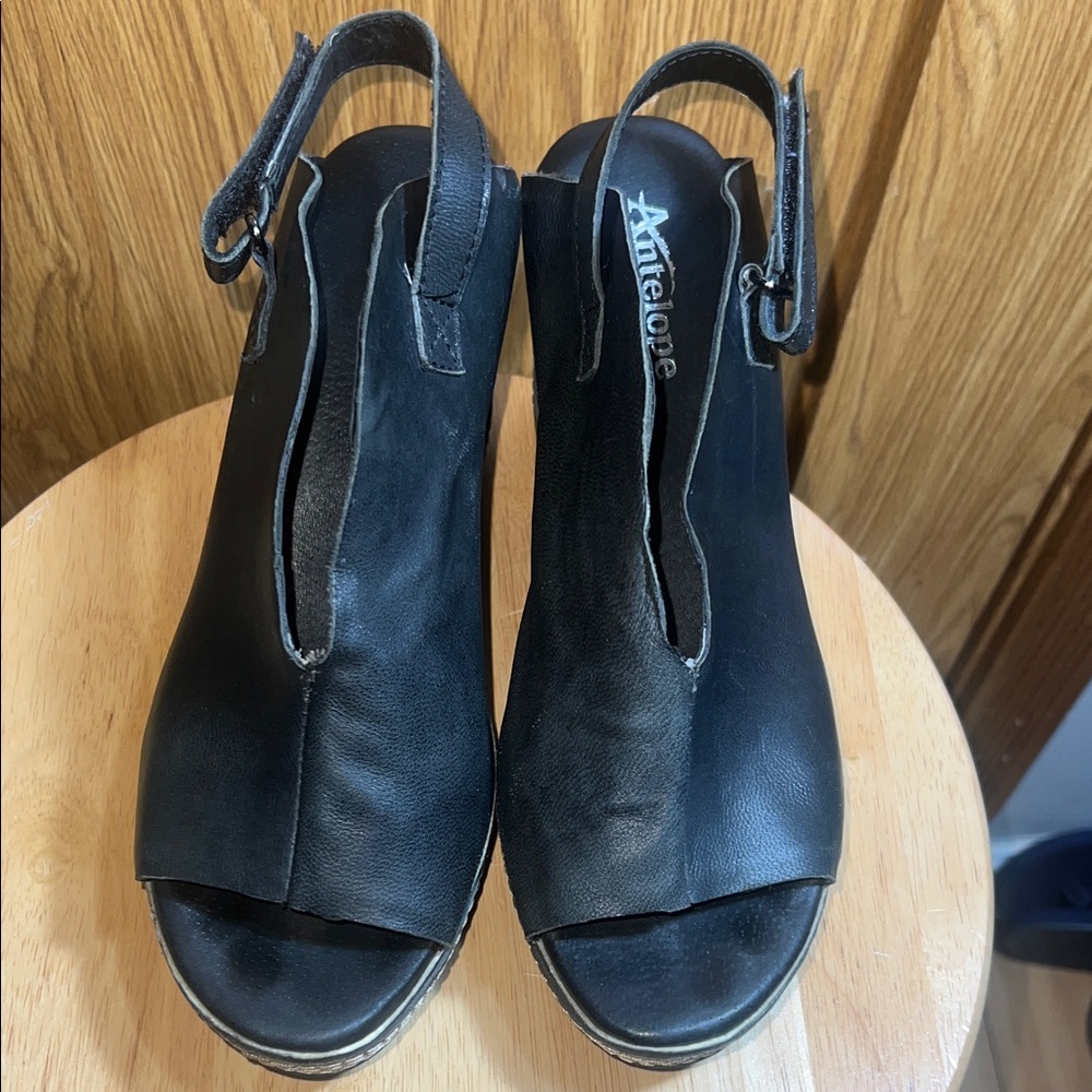 Antelope Black Leather Open-Toe Slingback Sandals